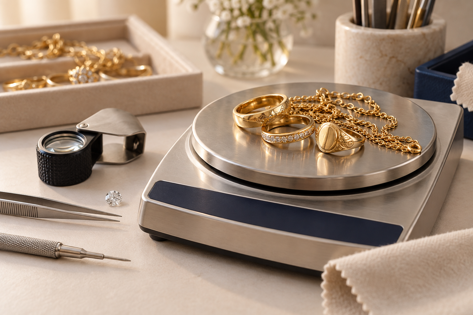 Gold jewellery being assessed on professional weighing scales