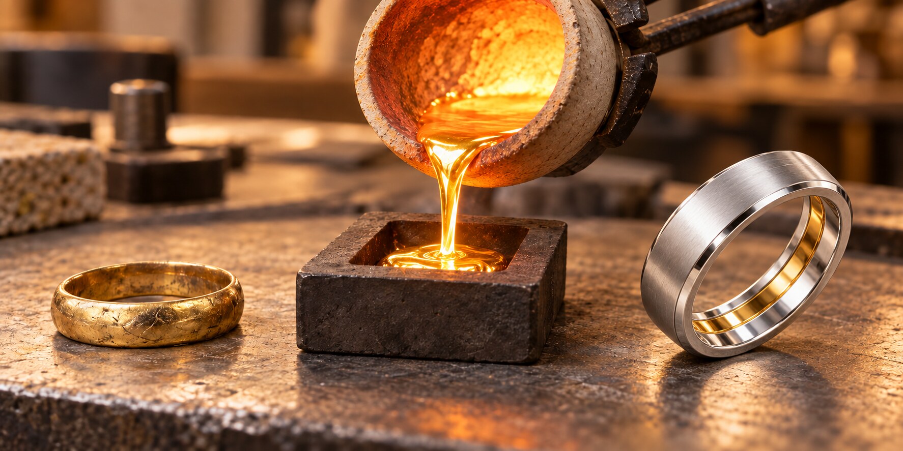 A worn inherited gold ring, gold being melted, and a new white-metal ring with the inherited gold set discreetly into its inside channel