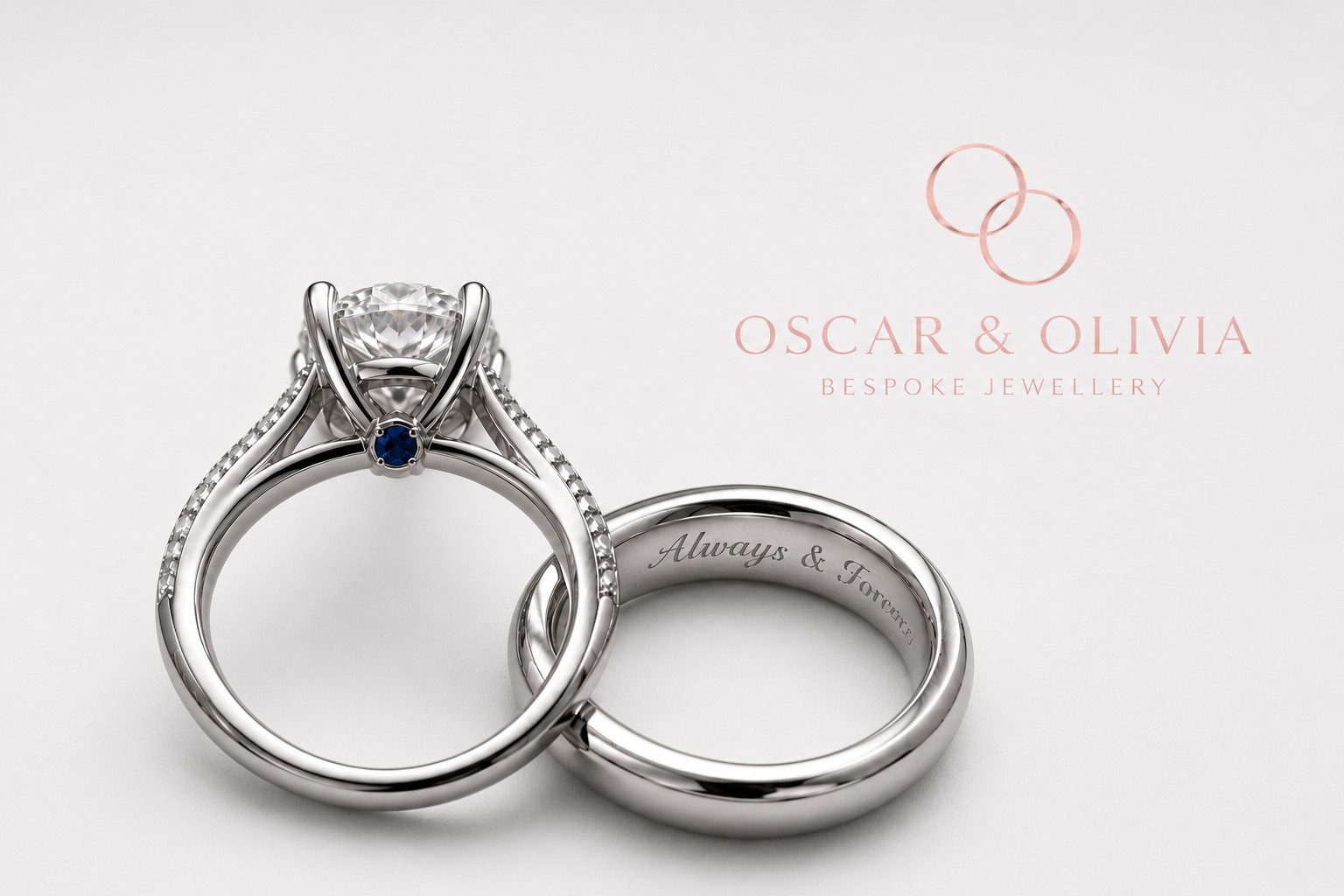 Engagement and wedding rings with a hidden blue birthstone and an inside engraving