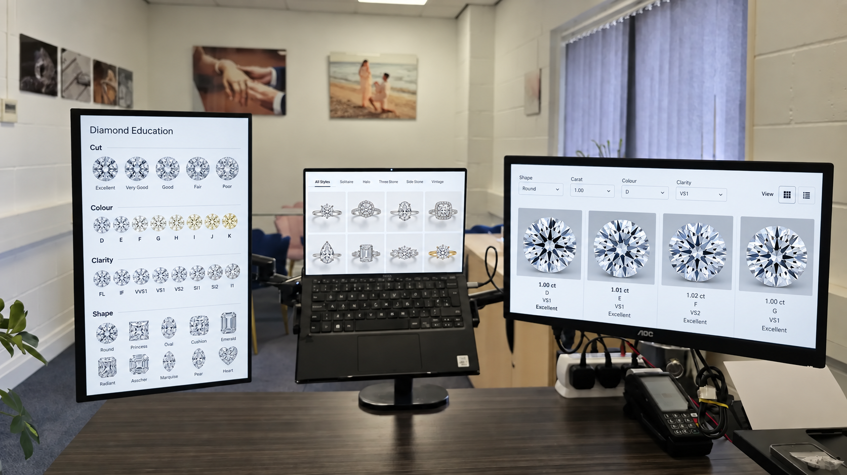 Gareth's professional three-screen setup for an online engagement-ring consultation