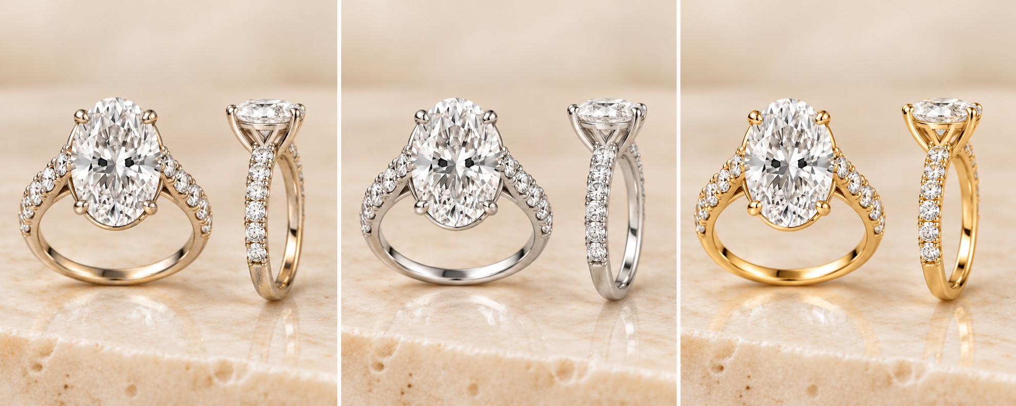 The same oval engagement ring shown in worn white gold, a bright platinum-white finish and a yellow-gold finish