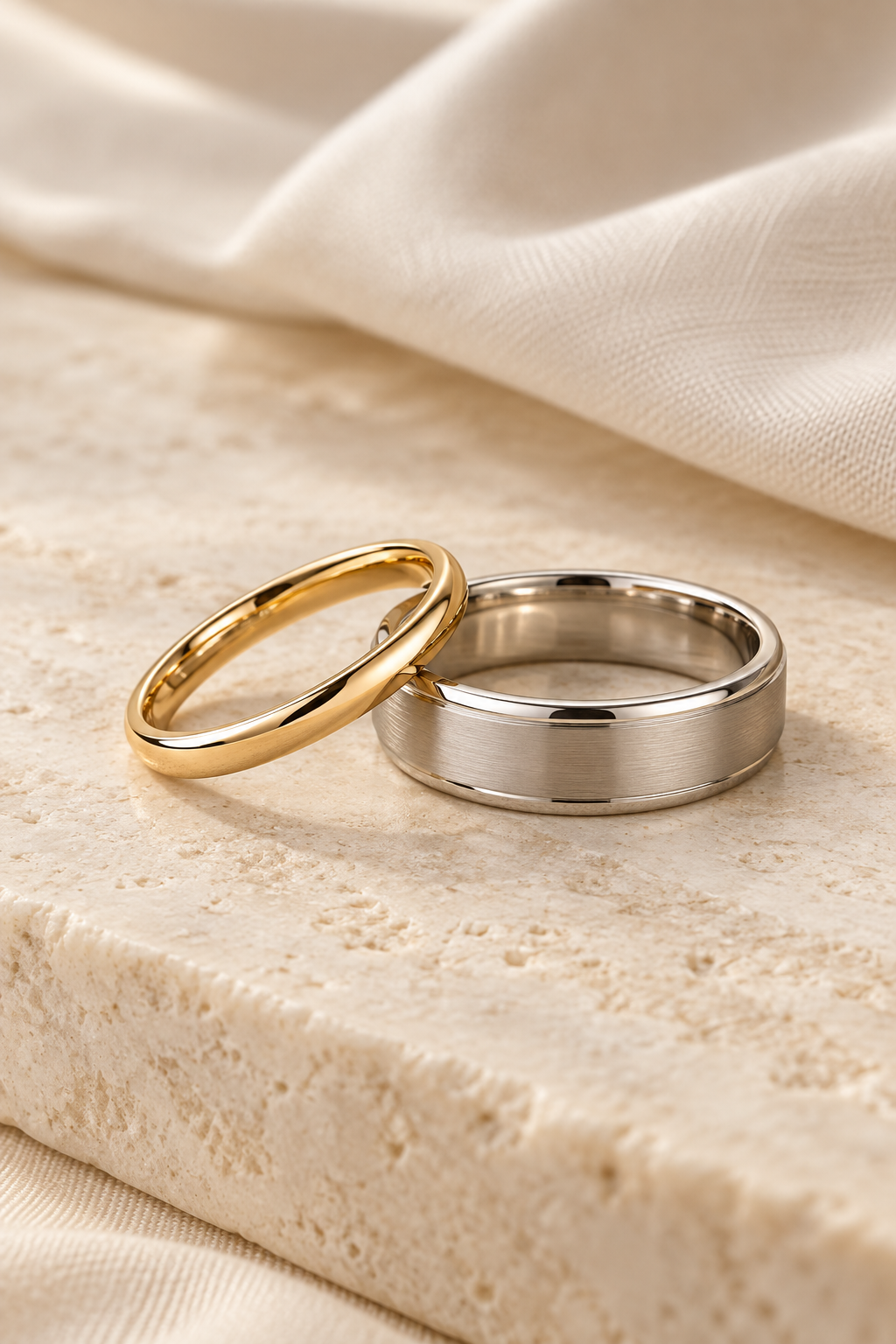 A polished yellow-gold wedding band beside a platinum wedding band with a brushed centre