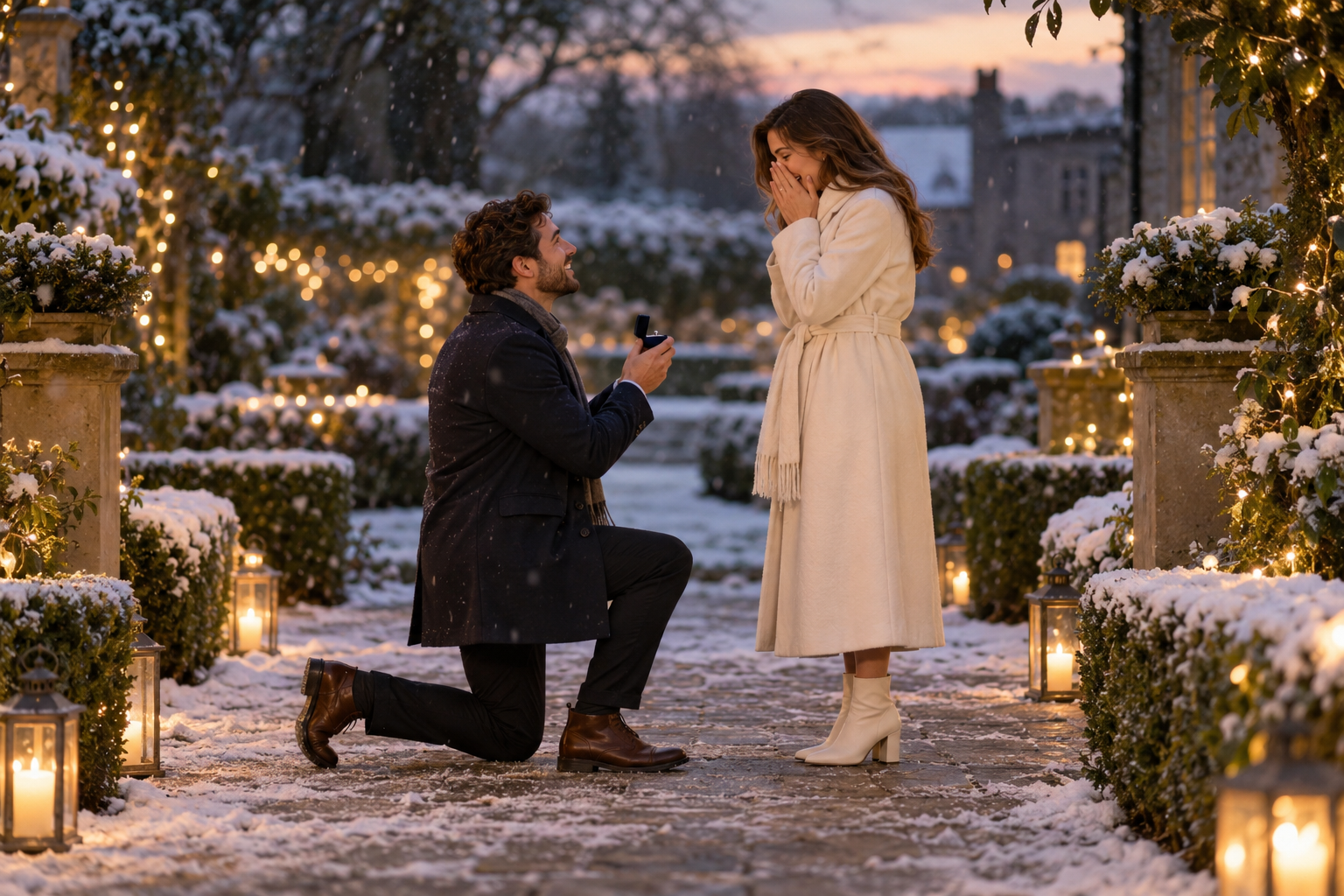 A Christmas proposal in a snowy garden