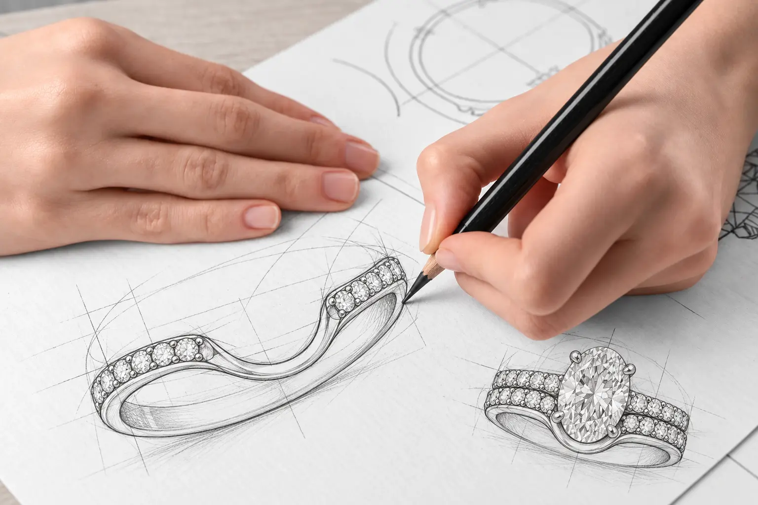 A pencil sketch of a slim curved wedding band with diamond shoulders, designed to fit an oval engagement ring