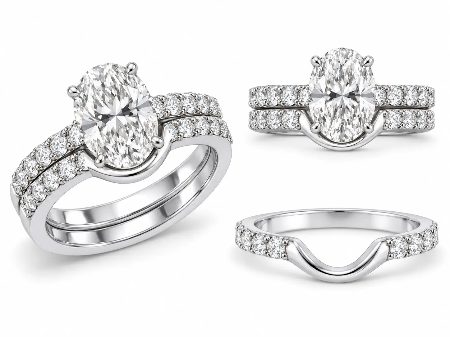 CAD-style views of an oval diamond engagement ring and its closely fitted curved wedding band, including the shaped band on its own