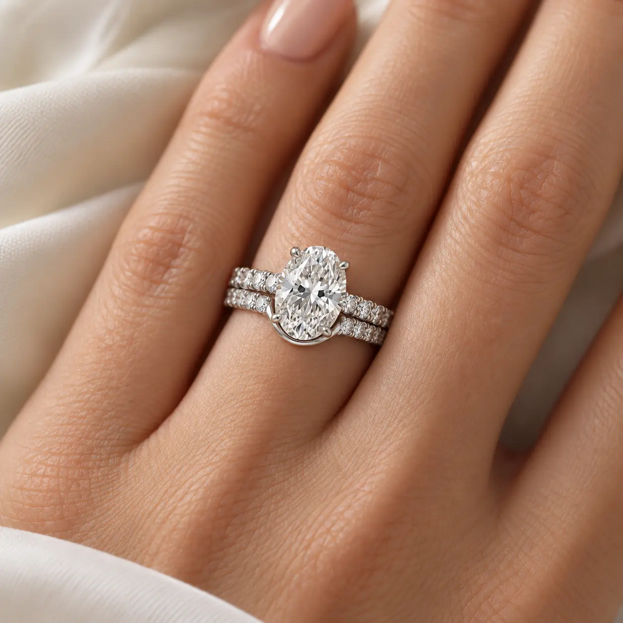 An oval diamond engagement ring paired with a curved white-gold wedding band, with diamond shoulders and a polished centre, on a model's hand
