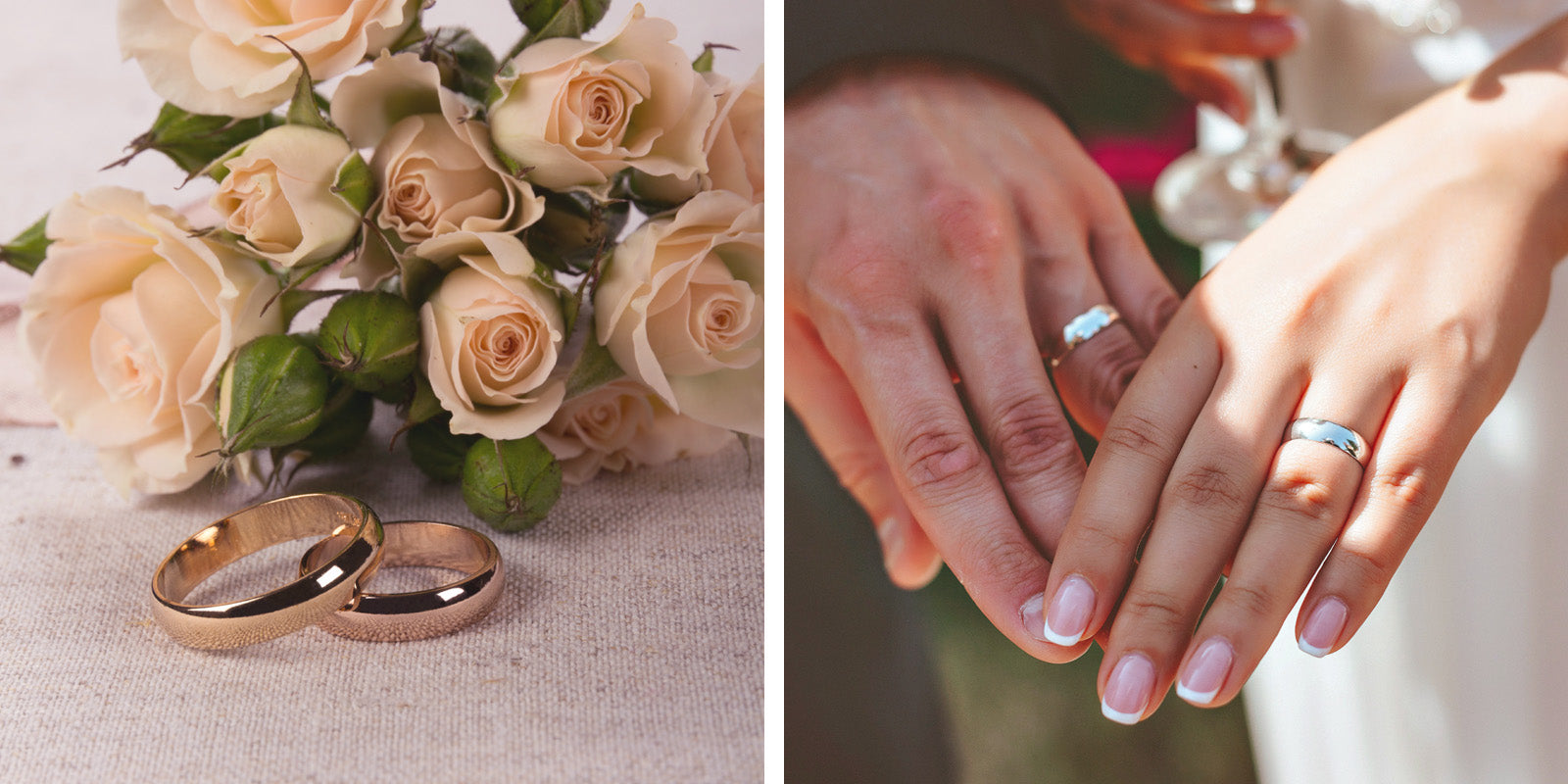 A couple wearing silver wedding bands, and a rose background with gold wedding rings