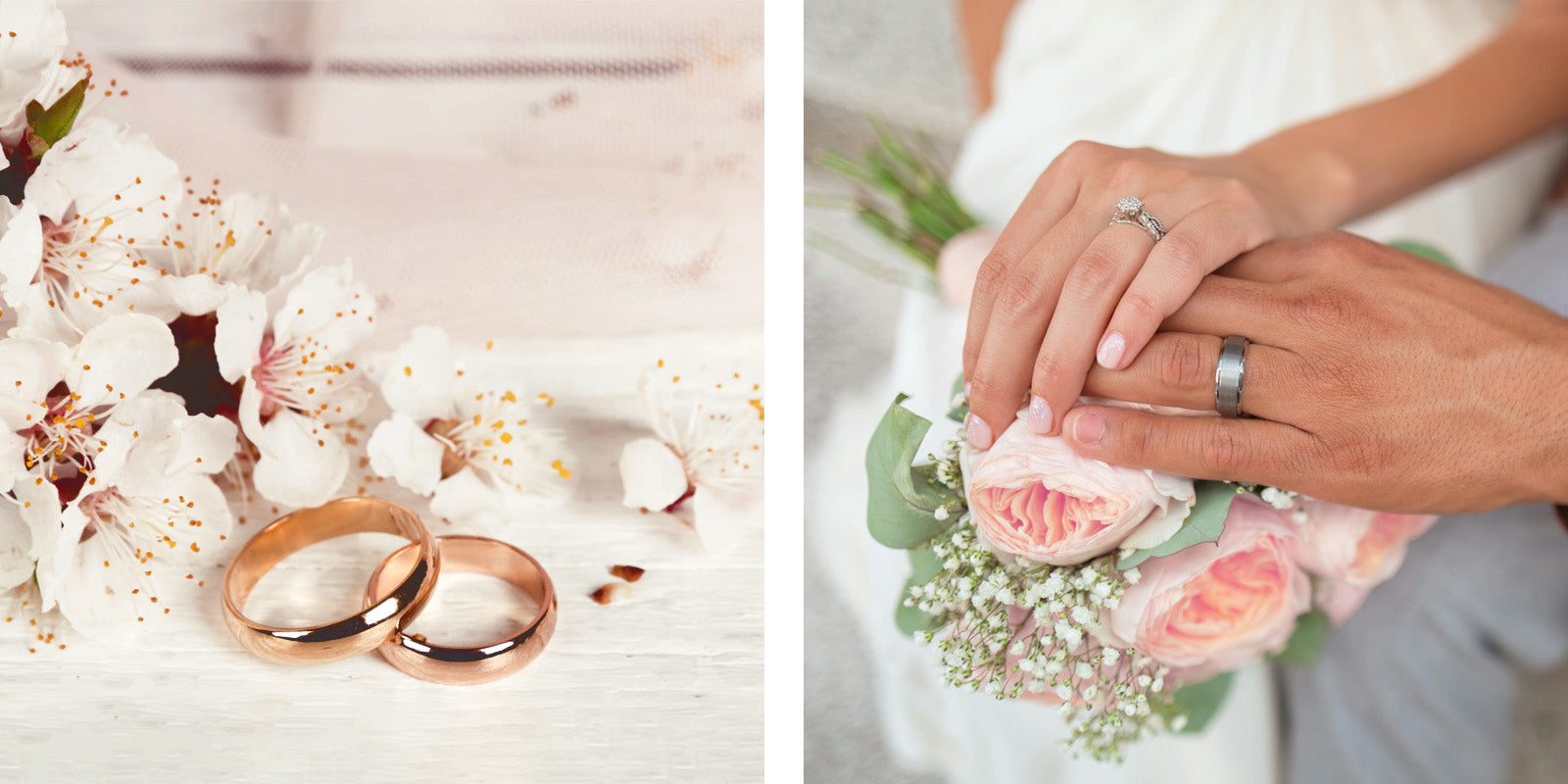 Rose gold his and hers wedding bands next to cherry blossoms and a couple holdng hands with white gold wedding bands