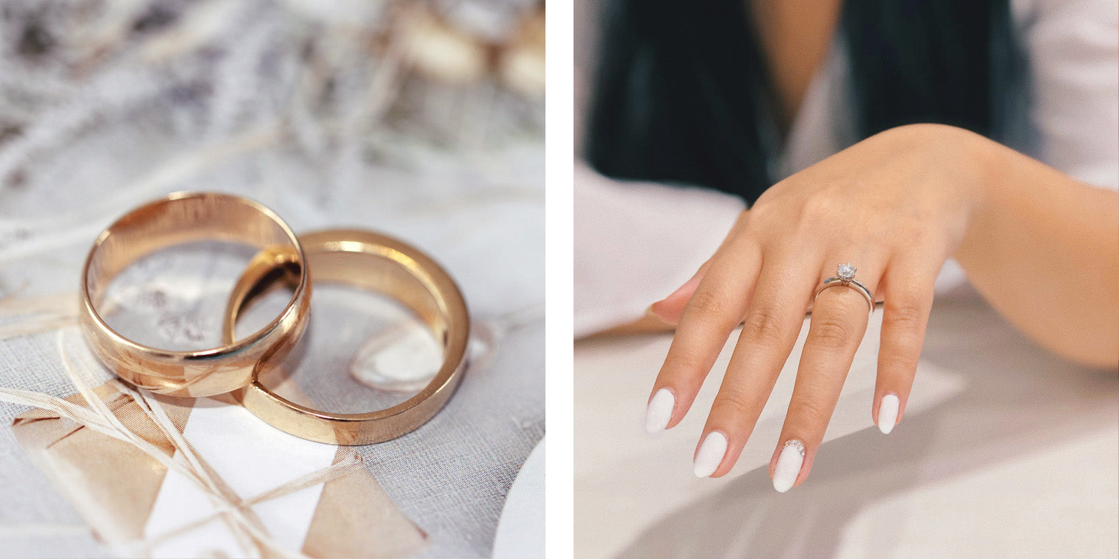 Yellow gold wedding bands and an engagement ring