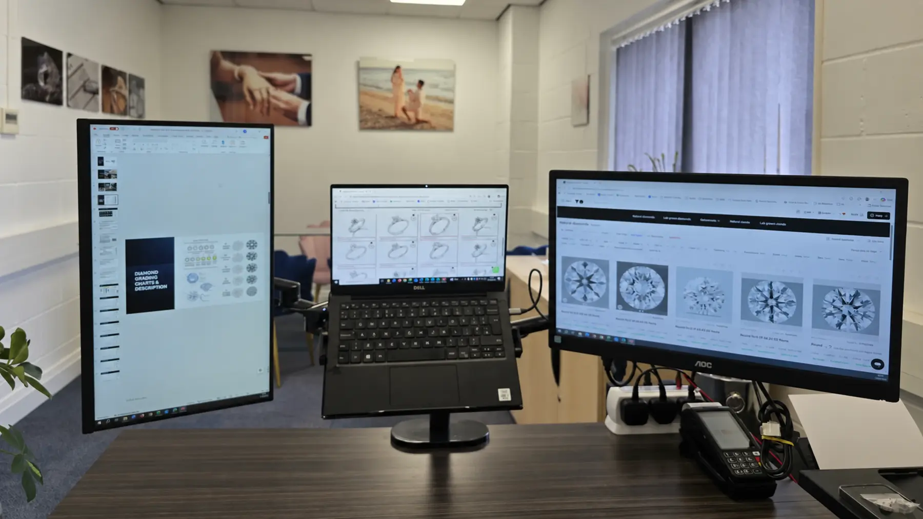 Gareth's professional three-screen setup for an online engagement-ring consultation