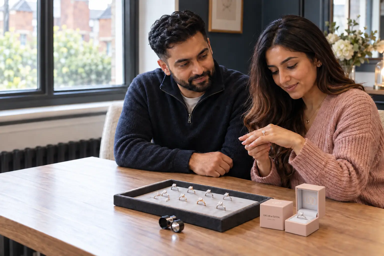 British South Asian couple choosing an engagement ring during a private consultation