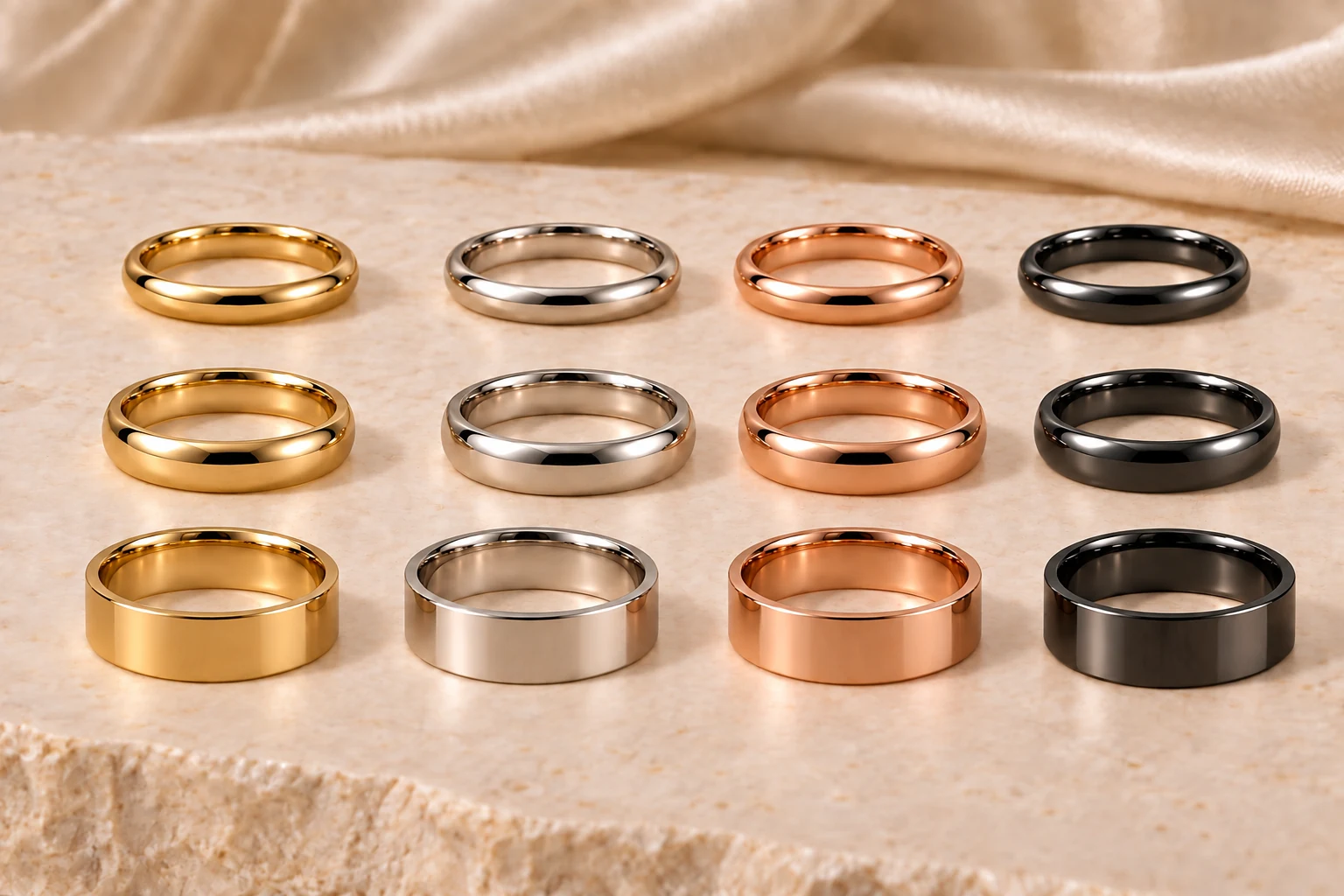 Classic wedding rings in yellow gold, platinum, rose gold and black zirconium, shown in different profiles and widths