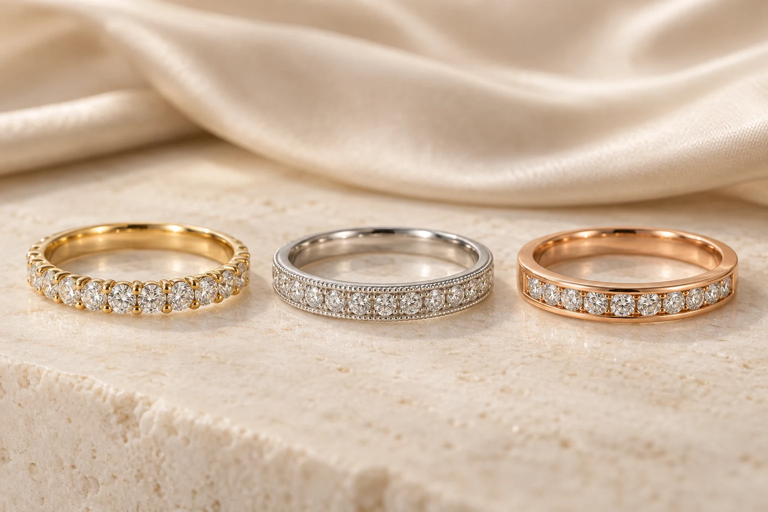 A selection of diamond-set wedding-ring styles in yellow gold, platinum and rose gold