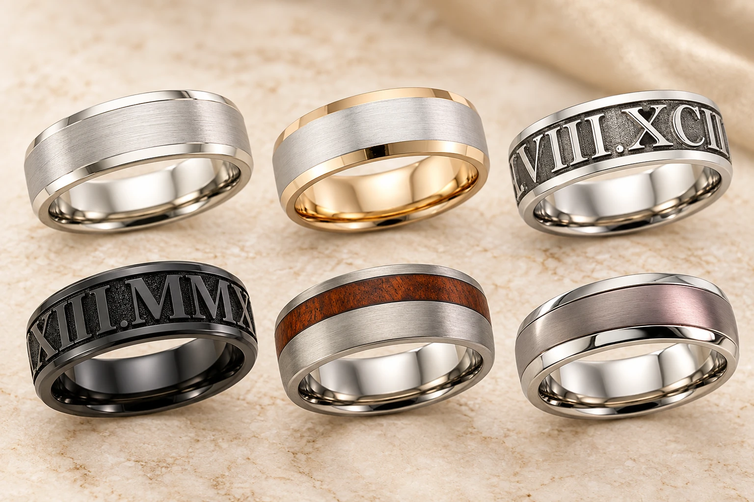 Six patterned and modern wedding rings with brushed, two-tone, Roman numeral, black, wood-inlay and coloured finishes